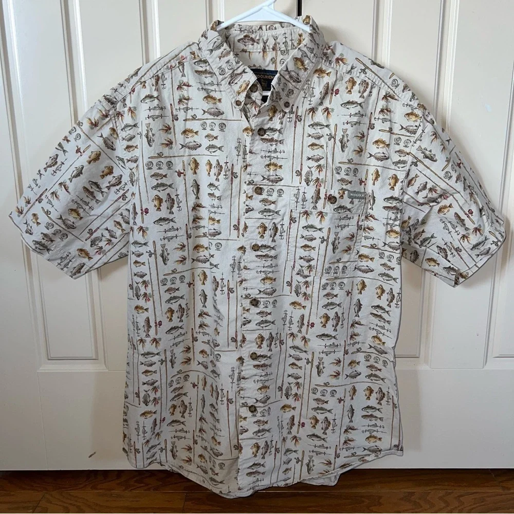 Woolrich Vintage Khaki Freshwater Fish Button Front Short Sleeve Shirt Size XL - Picture 12 of 12